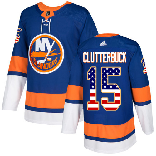 Adidas Islanders #15 Cal Clutterbuck Royal Blue Home Authentic USA Flag Stitched NHL Jersey - Click Image to Close